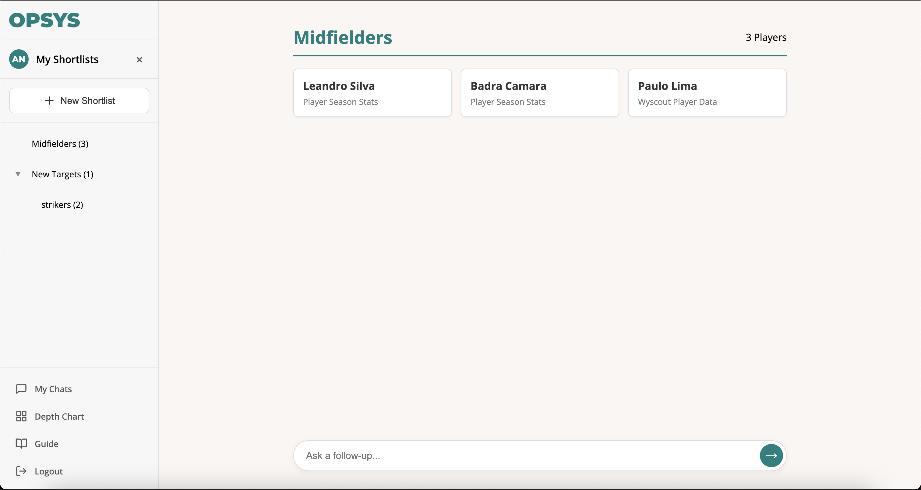 Opsys shortlist management showing organized player lists
